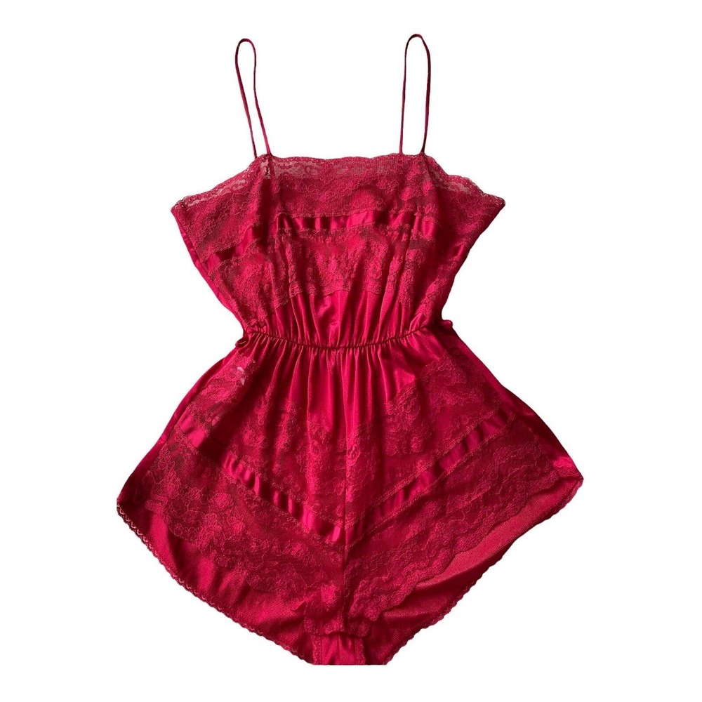 VINTAGE Texsheen RED TEDDY SILKY SATIN NYLON & LACE LINGERIE ROMPER SIZE P